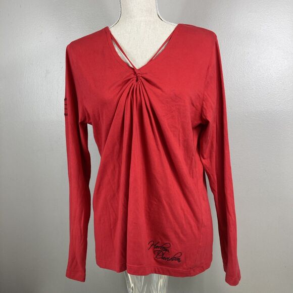 Harley-Davidson Tops - Women's Red Long Sleeve Embroidered Harley-Davidson Top Shirt Sz XL Bellmore NY